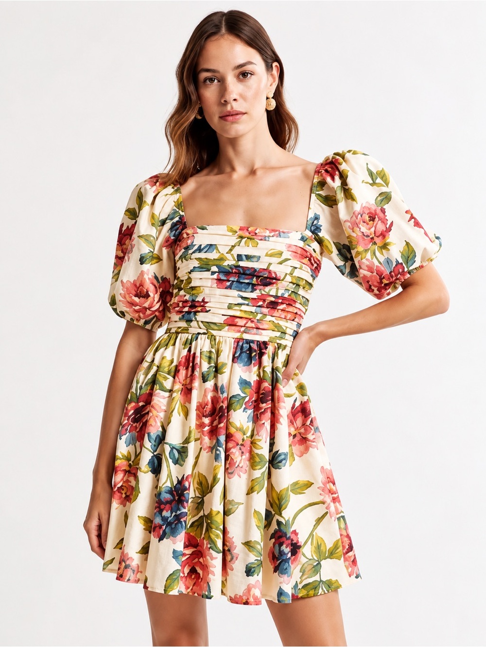 Abercrombie & Fitch Emerson Cream Floral Puff-Sleeve Square Neck Mini Dress